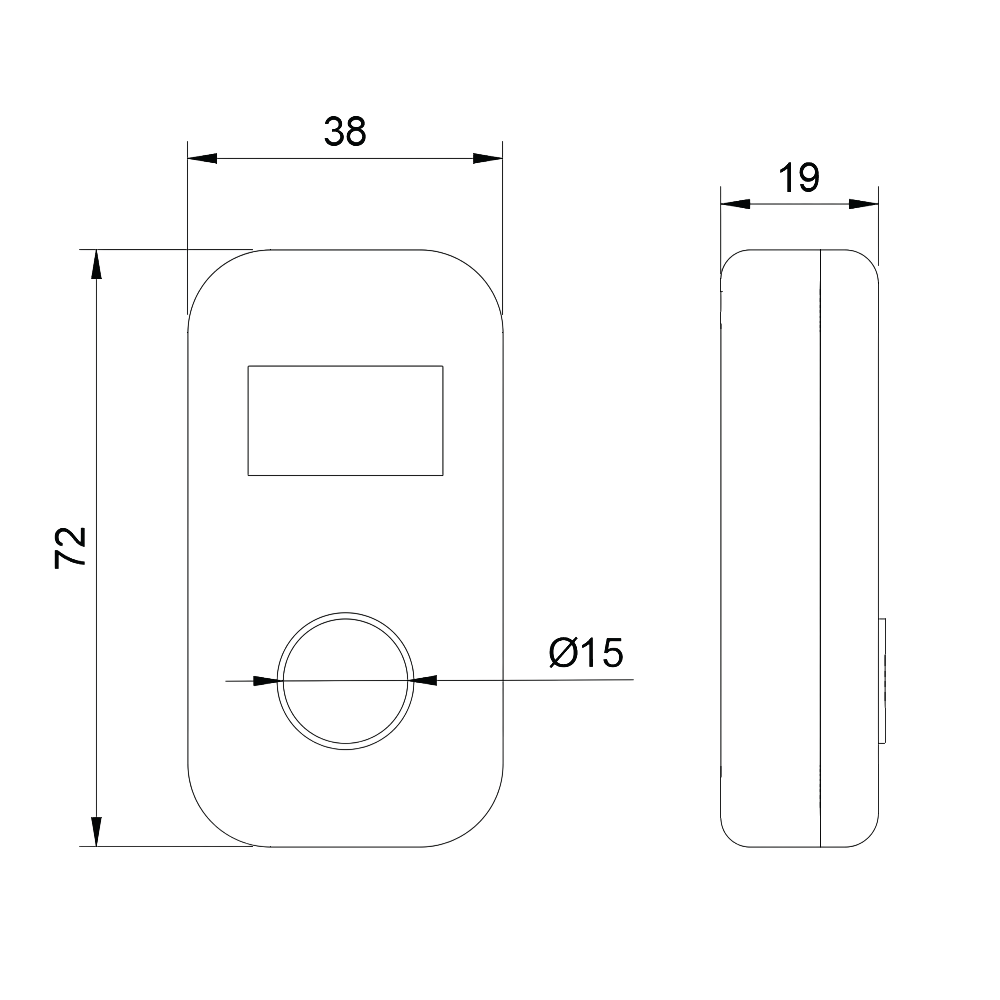 CLIX technical drawing showing 72 mm height, 38 mm width, 19 mm depth and 15 mm button diameter